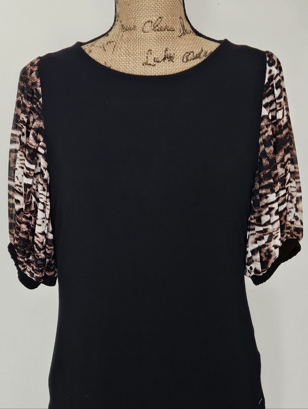 T Tahari Black Tee with Brown Patterned Puff Sleeves